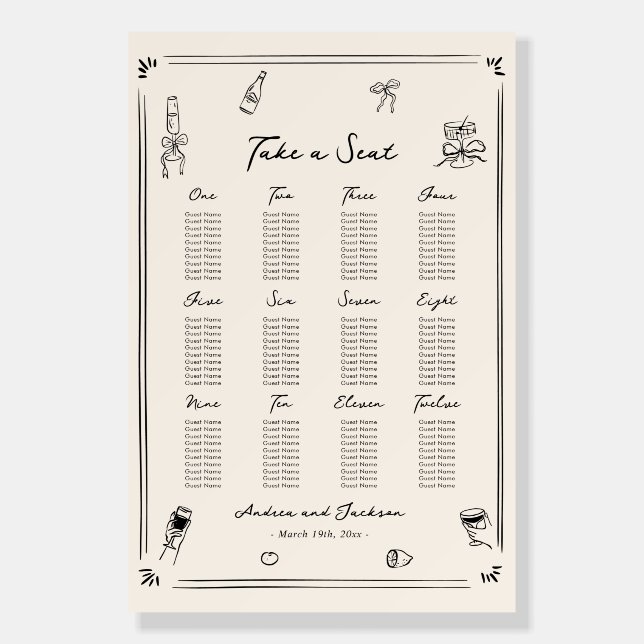 Hand Drawn Doodle Old Money Wedding Seating Chart Foam Board (Front)