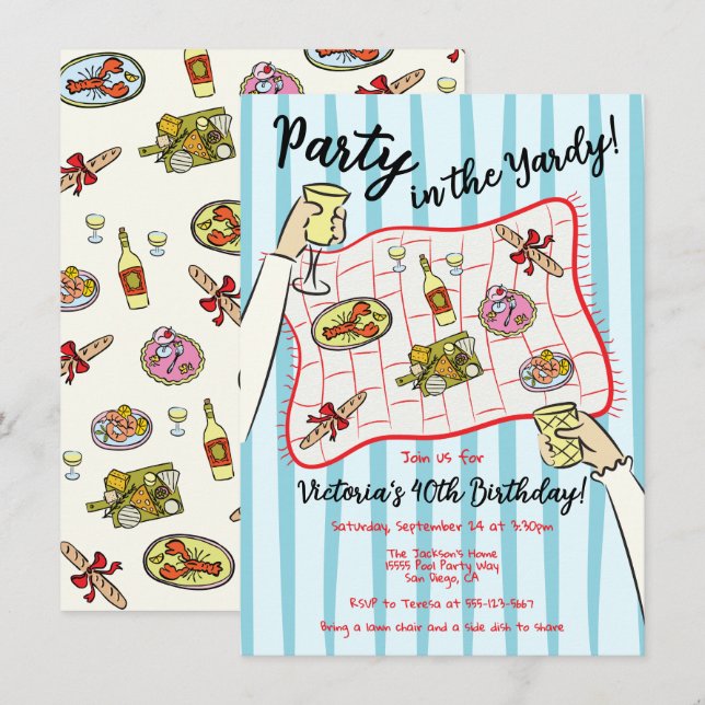Hand drawn doodle Picnic Party in the Yardy Invitation (Front/Back)