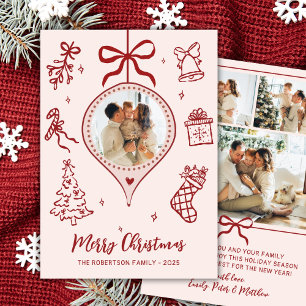 Hand-Drawn Doodle Pink Red Photo Merry Christmas Holiday Card