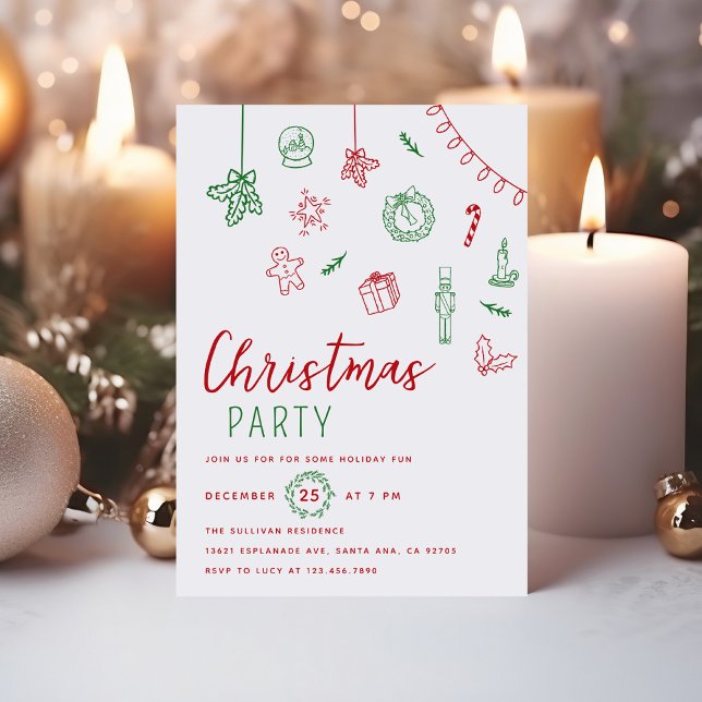 Hand Drawn Doodle Red and Green Christmas Party Invitation (Creator Uploaded)
