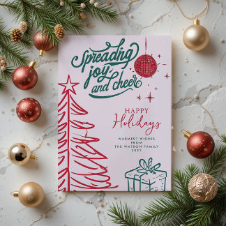 Hand Drawn Doodle Red Green Pink Christmas Holiday Card