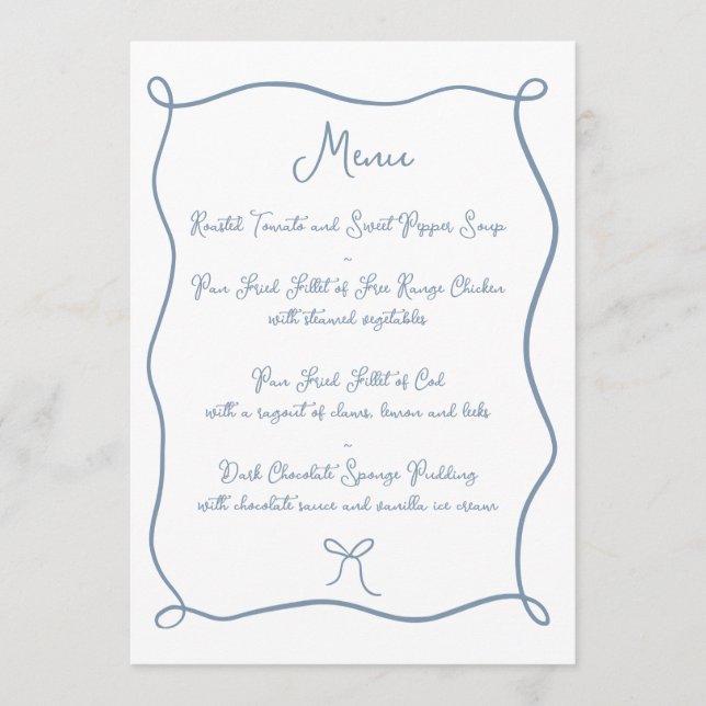 Hand Drawn Doodle Ribbon & Bow Dusty Blue Wedding Menu (Front)