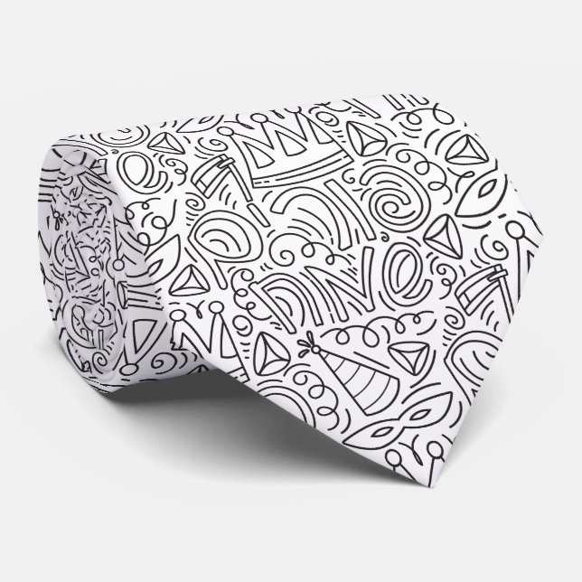 Hand Drawn Doodle Style Purim Neck Tie (Rolled)