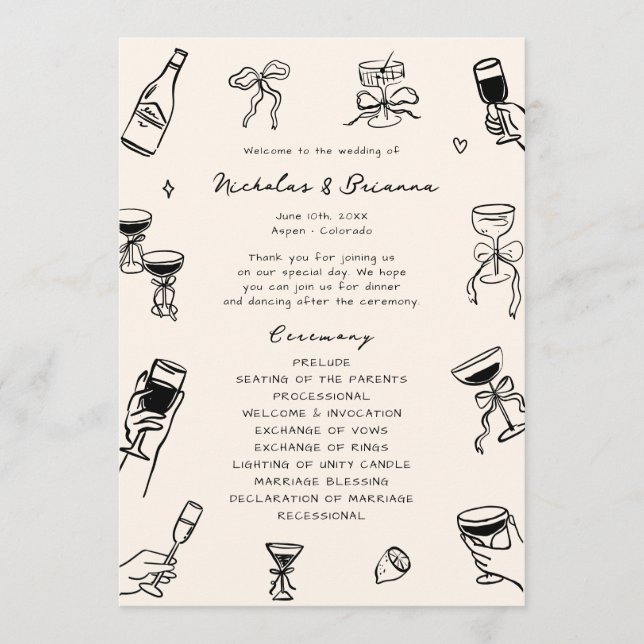 Hand Drawn Doodle Wedding  Program (Front)