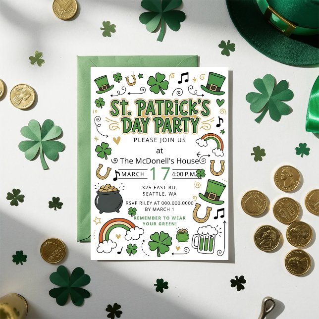Hand Drawn Doodle Whimsical St Patricks Day  Invitation (Hand Drawn Doodle Whimsical St Patricks Day Invitation)