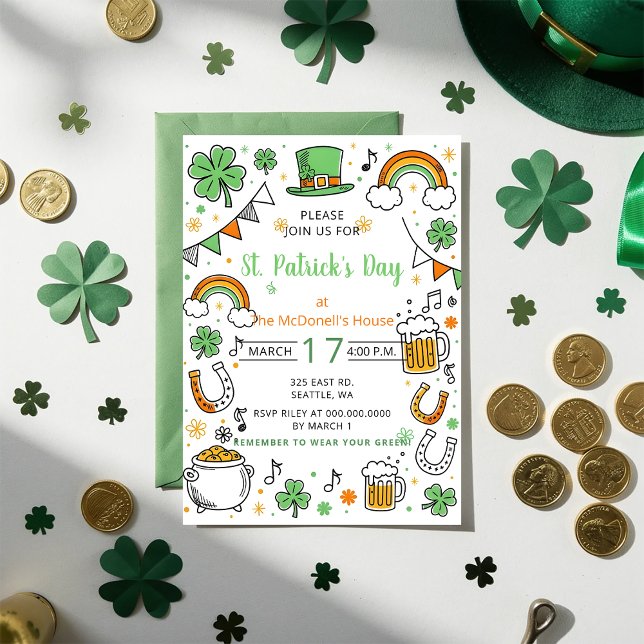 Hand Drawn Doodle Whimsical St Patricks Day  Invitation (Hand Drawn Doodle Whimsical St Patricks Day Invitation)