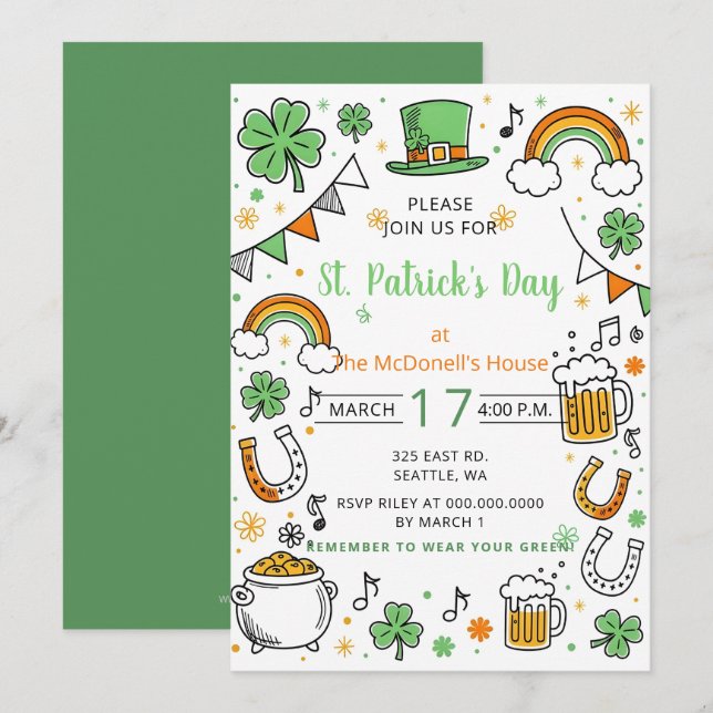 Hand Drawn Doodle Whimsical St Patricks Day  Invitation (Front/Back)