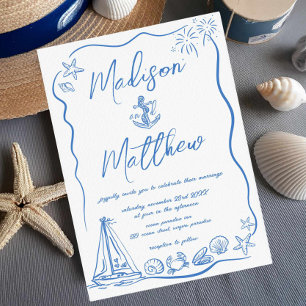 Hand Drawn Doodles Anchor Beach Nautical Wedding  Invitation