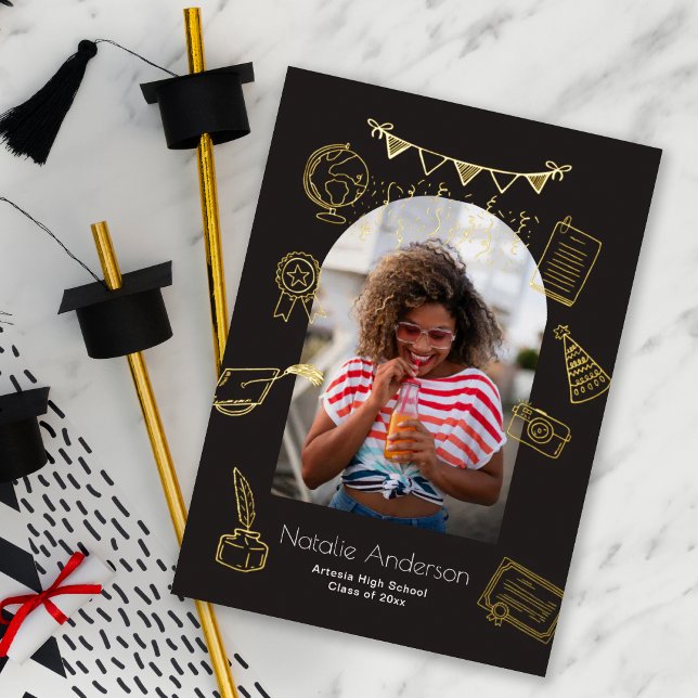 Hand Drawn Doodles Arch Photo Graduate Gold Foil Invitation (Creator Uploaded)