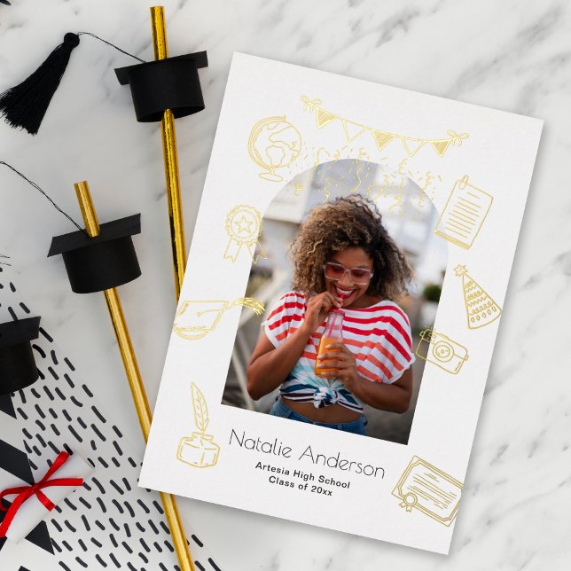 Hand Drawn Doodles Arch Photo Graduate White Gold Foil Invitation (Creator Uploaded)