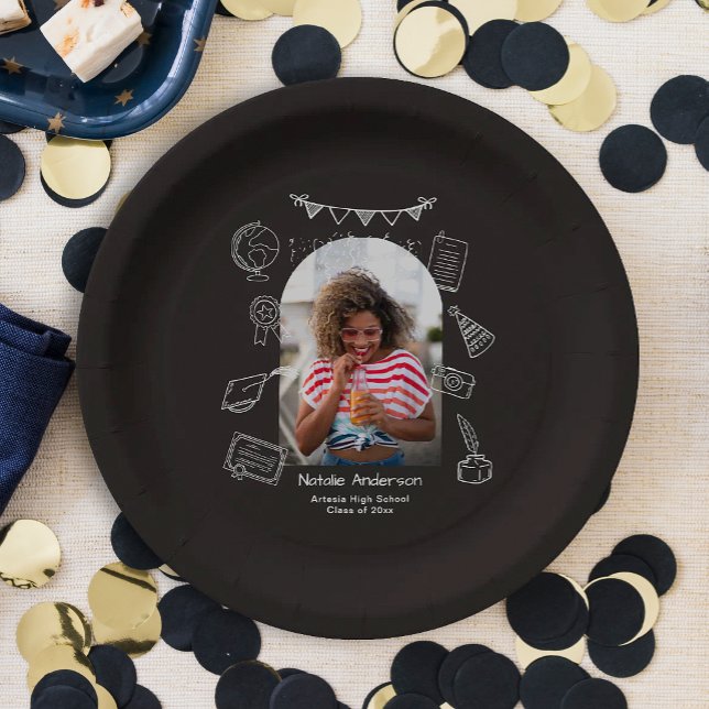 Hand Drawn Doodles Black Arch Photo Graduate Party Paper Plates (Creator Uploaded)