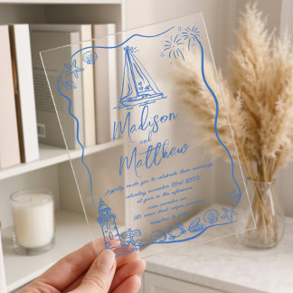 Hand Drawn Doodles Boat Beach Nautical Wedding Acrylic Invitations