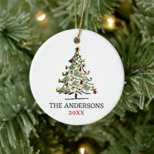 Hand Drawn Doodles Custom Family Christmas Tree Ceramic Ornament