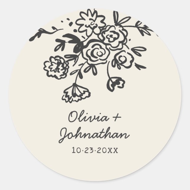 Hand Drawn Doodles Floral Wedding Classic Round Sticker (Front)