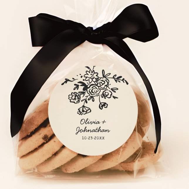 Hand Drawn Doodles Floral Wedding Classic Round Sticker (Creator Uploaded)