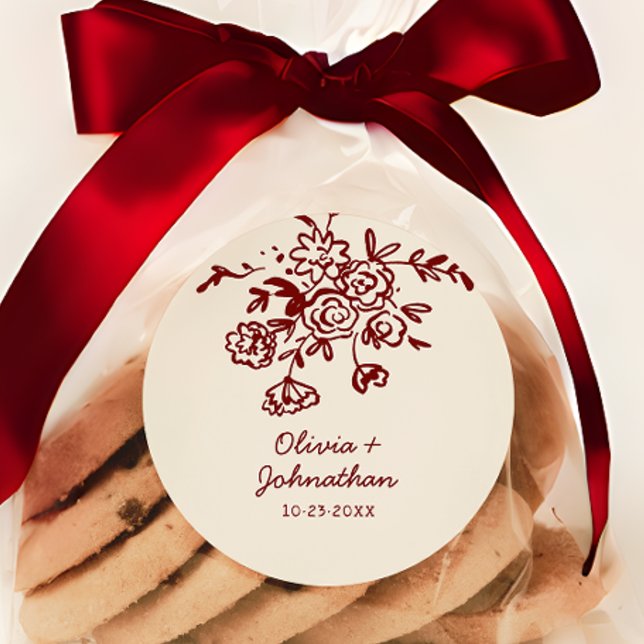 Hand Drawn Doodles Floral Wedding Classic Round Sticker (Creator Uploaded)