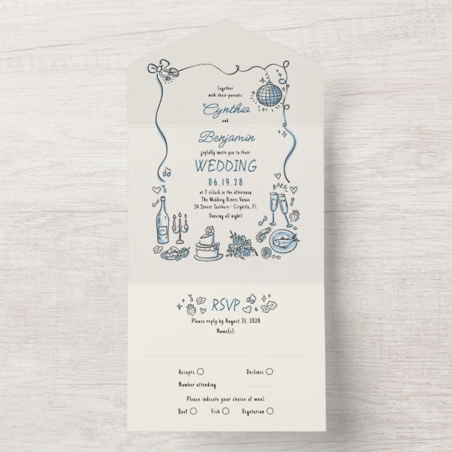 Hand Drawn Doodles Funky Quirky Modern Wedding All In One Invitation (Inside)