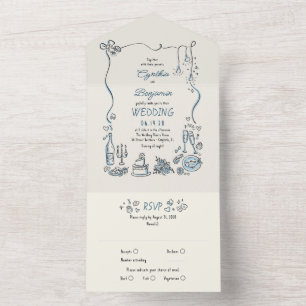 Hand Drawn Doodles Funky Quirky Modern Wedding All In One Invitation