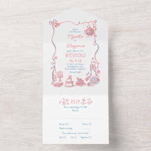 Hand Drawn Doodles Funky Quirky Modern Wedding All In One Invitation