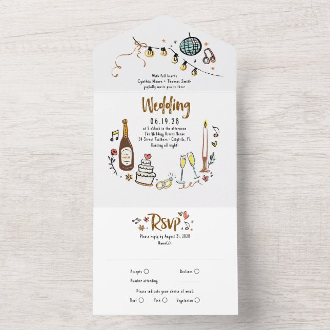 Hand Drawn Doodles Funky Quirky Modern Wedding All In One Invitation (Inside)