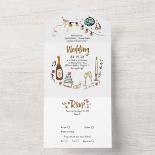 Hand Drawn Doodles Funky Quirky Modern Wedding All In One Invitation