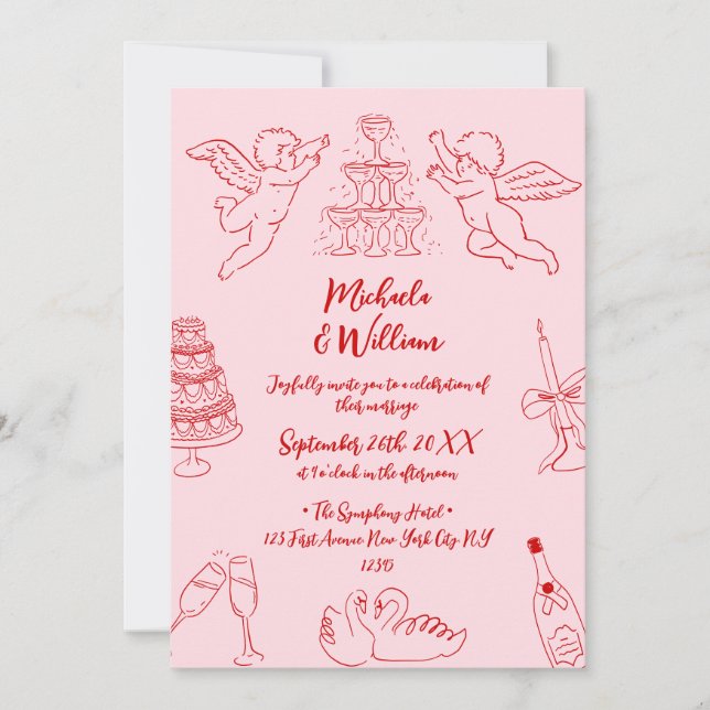 Hand Drawn Doodles & Handwritten Script Wedding Invitation (Front)