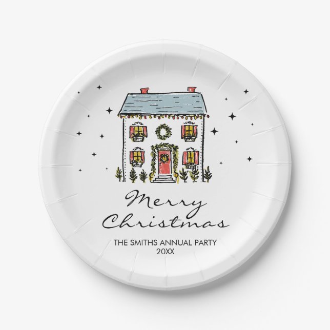 Hand-Drawn Doodles Home Christmas Party Paper Plates (Front)