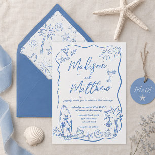 Hand Drawn Doodles Illustrations Beach Wedding Invitation