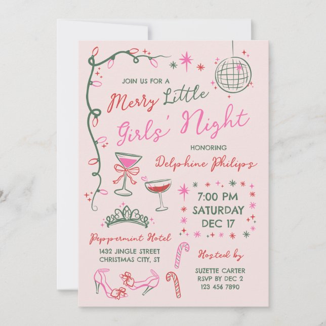 Hand-Drawn Doodles Merry Little Girls' Night Invitation (Front)