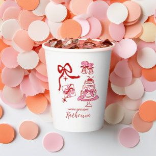 Hand Drawn Doodles Red Pink Cake Birthday Party Paper Cups