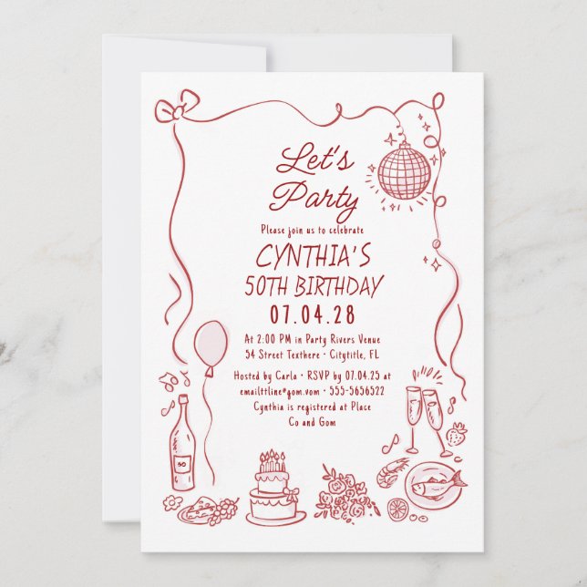Hand Drawn Doodles Whimsical Quirky Adult Birthday Invitation (Front)