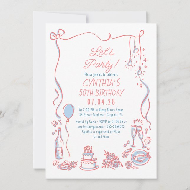 Hand Drawn Doodles Whimsical Quirky Adult Birthday Invitation (Front)