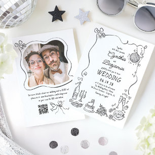 Hand Drawn Doodles Whimsical Retro Wedding Photo Invitation