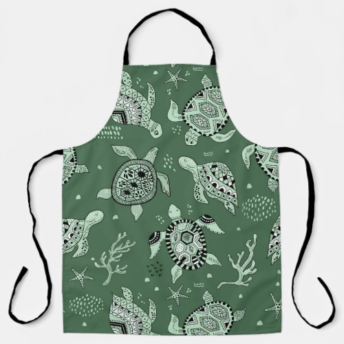 Hand drawn doodling sea turtle ethnic pattern apron