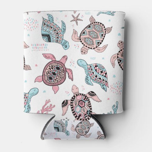 Hand drawn doodling sea turtle ethnic pattern can cooler