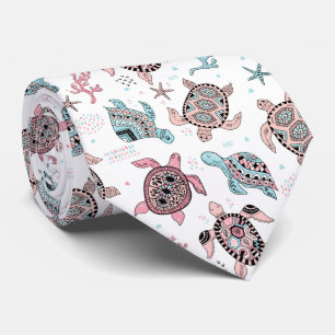 Hand drawn doodling sea turtle ethnic pattern neck tie