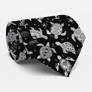 Hand drawn doodling sea turtle ethnic pattern neck tie