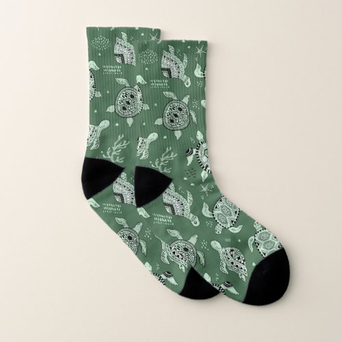 Hand drawn doodling sea turtle ethnic pattern socks