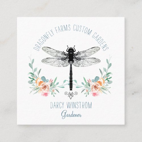 Hand Drawn Dragonfly Floral Gardener Square Busine Square Business Card