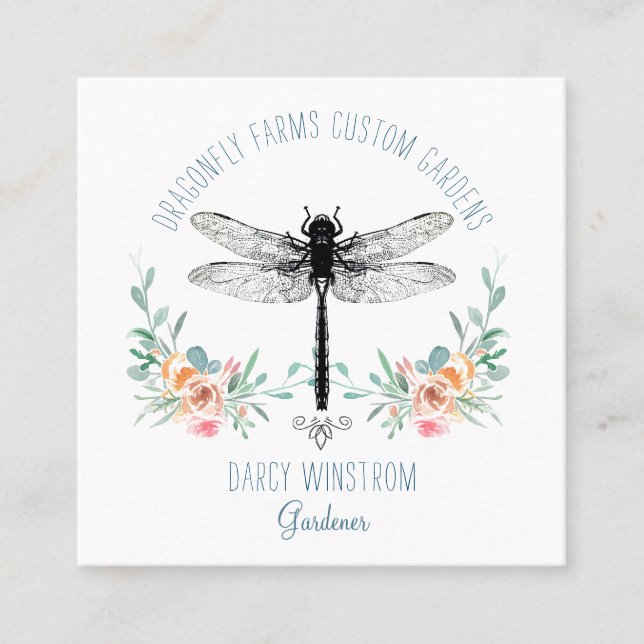 Hand Drawn Dragonfly Floral Gardener Square Busine Square Business Card (Front)