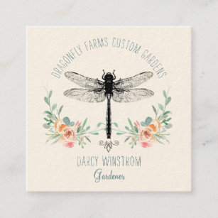 Hand Drawn Dragonfly Floral Gardener Square Business Card