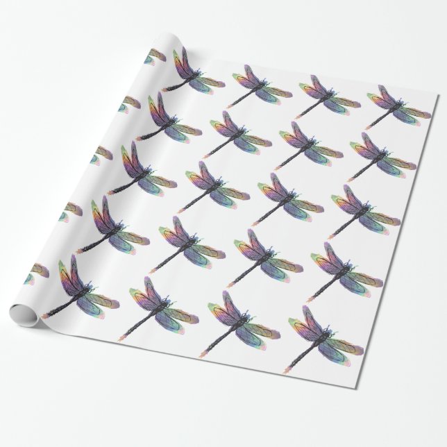 Hand Drawn Dragonfly With Rainbow Wrapping Paper (Unrolled)