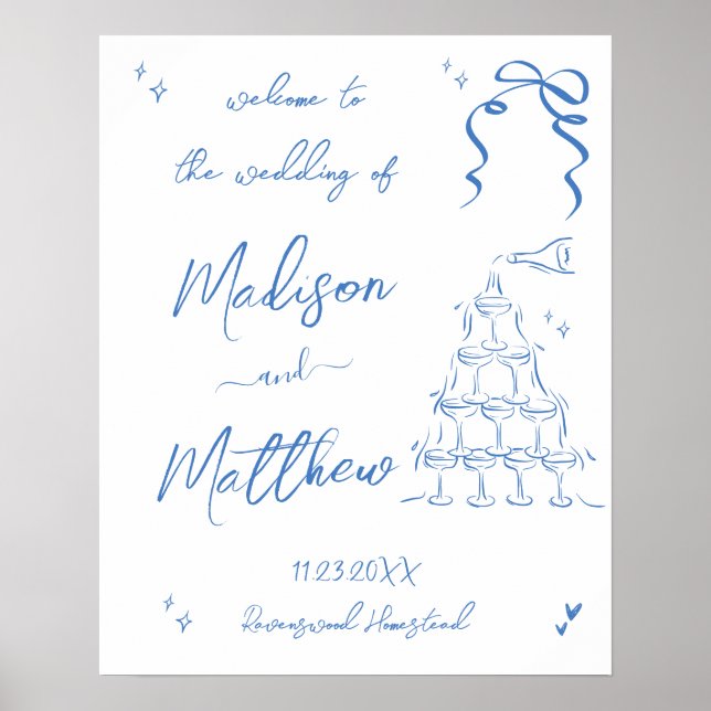 Hand Drawn Drawings Champagne Pour Wedding Welcome Poster (Front)