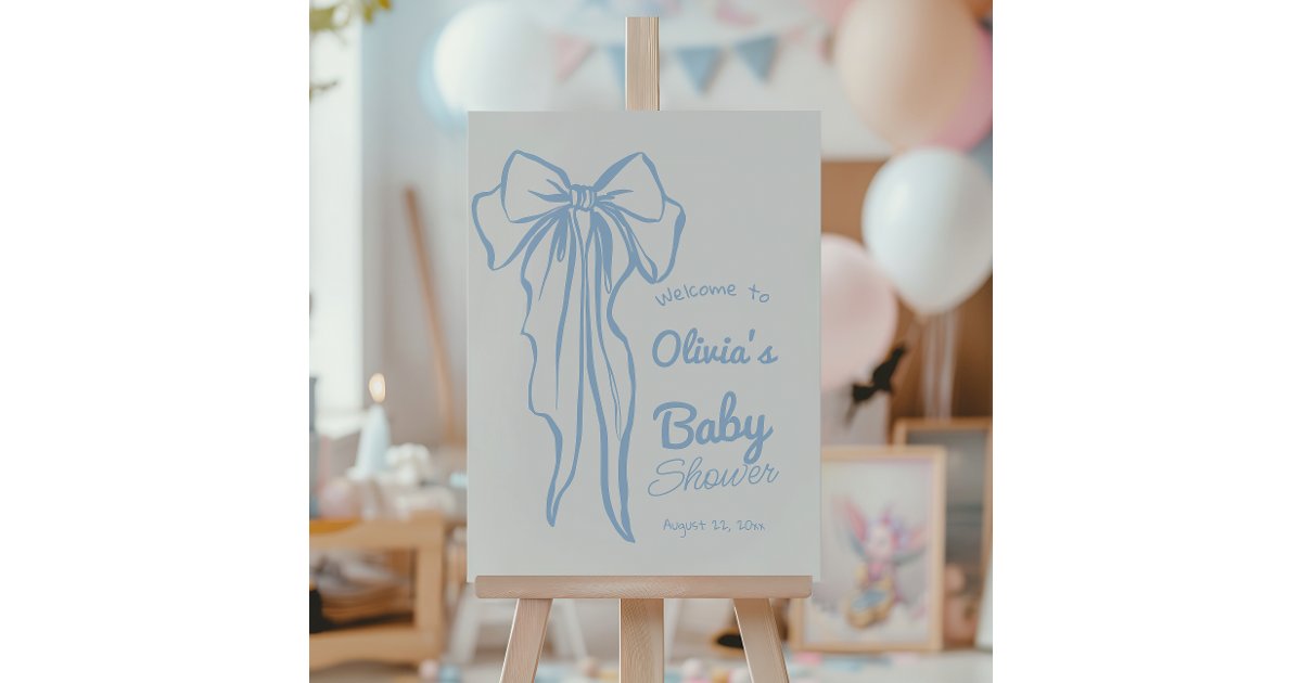 Hand Drawn Dusty Blue Bow Baby Boy Shower Welcome Foam Board | Zazzle