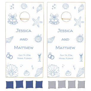 Hand Drawn Dusty Blue Coastal Beach Wedding Cornhole Set