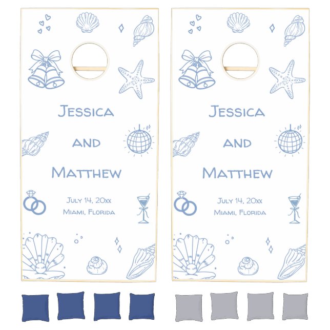 Hand Drawn Dusty Blue Coastal Beach Wedding Cornhole Set (Set)
