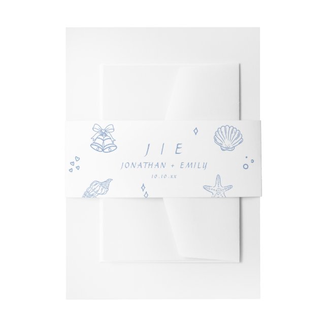 Hand Drawn Dusty Blue Coastal Wedding Invitation Belly Band (Front Example)