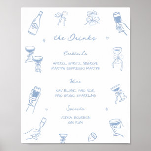 Hand Drawn Dusty Blue Wedding Bar Drink Menu Poster