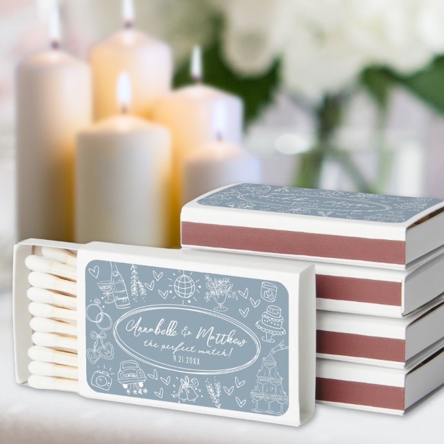 Hand Drawn Dusty Blue Wedding Matchboxes (Hand Drawn Handwritten Blue Wedding Matchboxes)