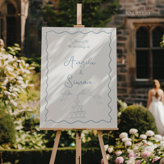 Hand drawn Dusty Blue Wedding Welcome Sign (vintage inspired dusty blue wedding welcome sign, champage tower illustrated welcome sign, bespoke)